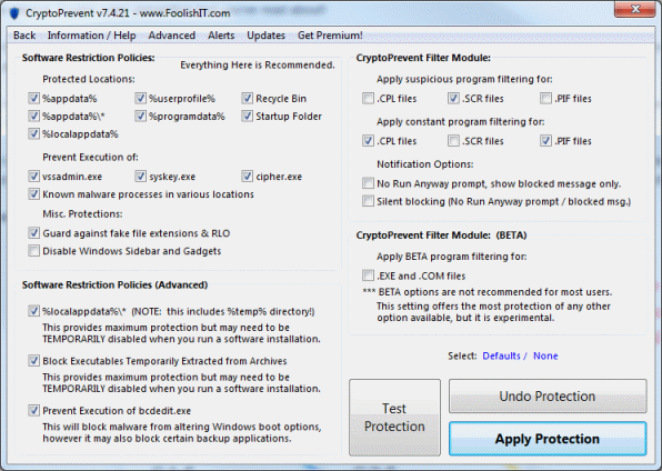 Screenshot CryptoPrevent-Einstellungen