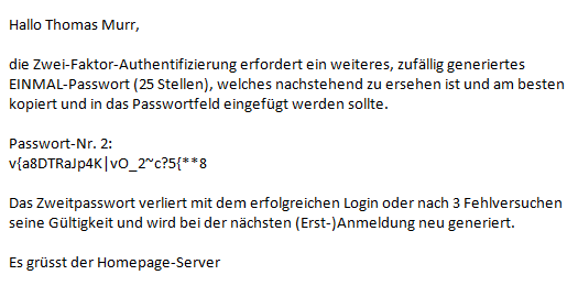 Screenshot eMail nach erfolgreicher Login-Stufe 1