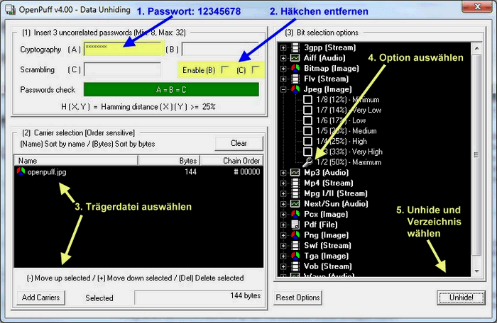Screenshot OpenPuff: Versteckte Datei aus obiger linker Grafik extrahieren