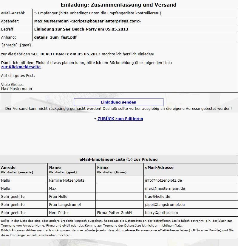 Backend Zusammenfassung der Einladung-eMail (Screenshot Version 2.6) Backend Zusammenfassung der Einladung-eMail (Screenshot Version 2.6)