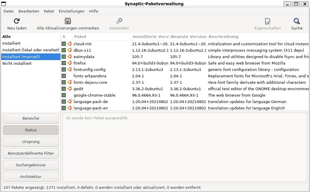 Screenshot Ubuntu Synaptic, gestartet unter Windows 11