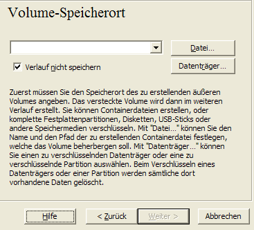 Angabe Pfad und Dateiname für normales Volume