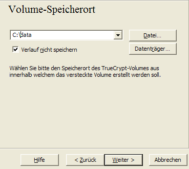 Speicherort und Dateiname des normalen Volume
