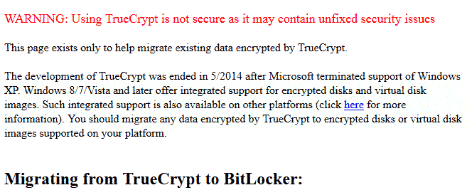 Screenshot der aktuellen Meldung auf der offiziellen Website von TrueCrypt