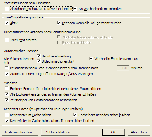 TrueCrypt Optionen