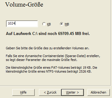Angabe der Volume-Grösse Angabe der Volume-Grösse