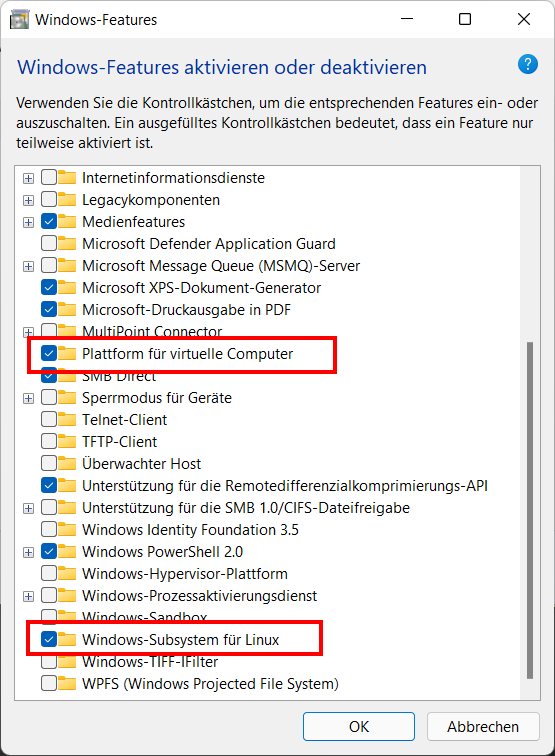 Screenshot Windows Features unter Windows 11
