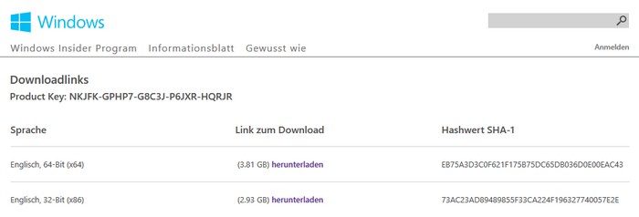 Screenshot Download ISO zum Windows Technical Preview bzgl. Windows 10