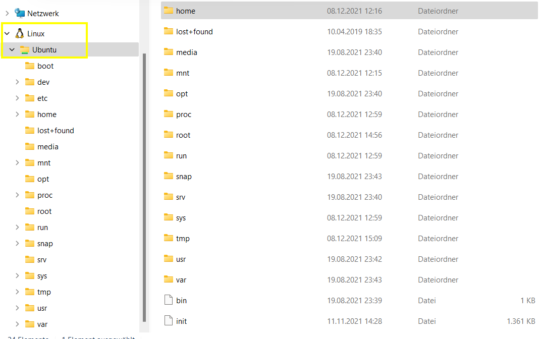 Screenshot Windows 11-Explorer mit Ubuntu-Dateisystem