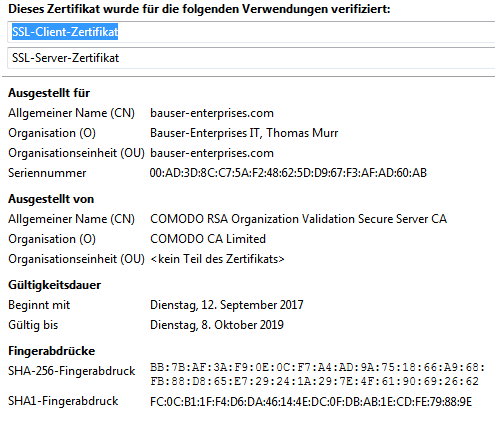 Screenshot Browserinformationen zu unserem Zertifikat